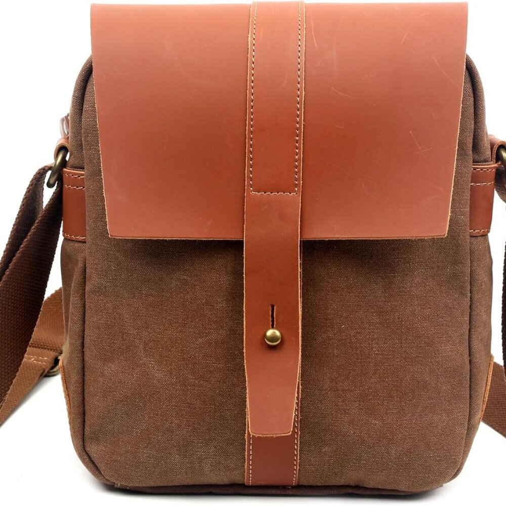 Genuine Leather & Waxed Canvas Crossbody Bag – 10-Inch, Waterproof & Durable